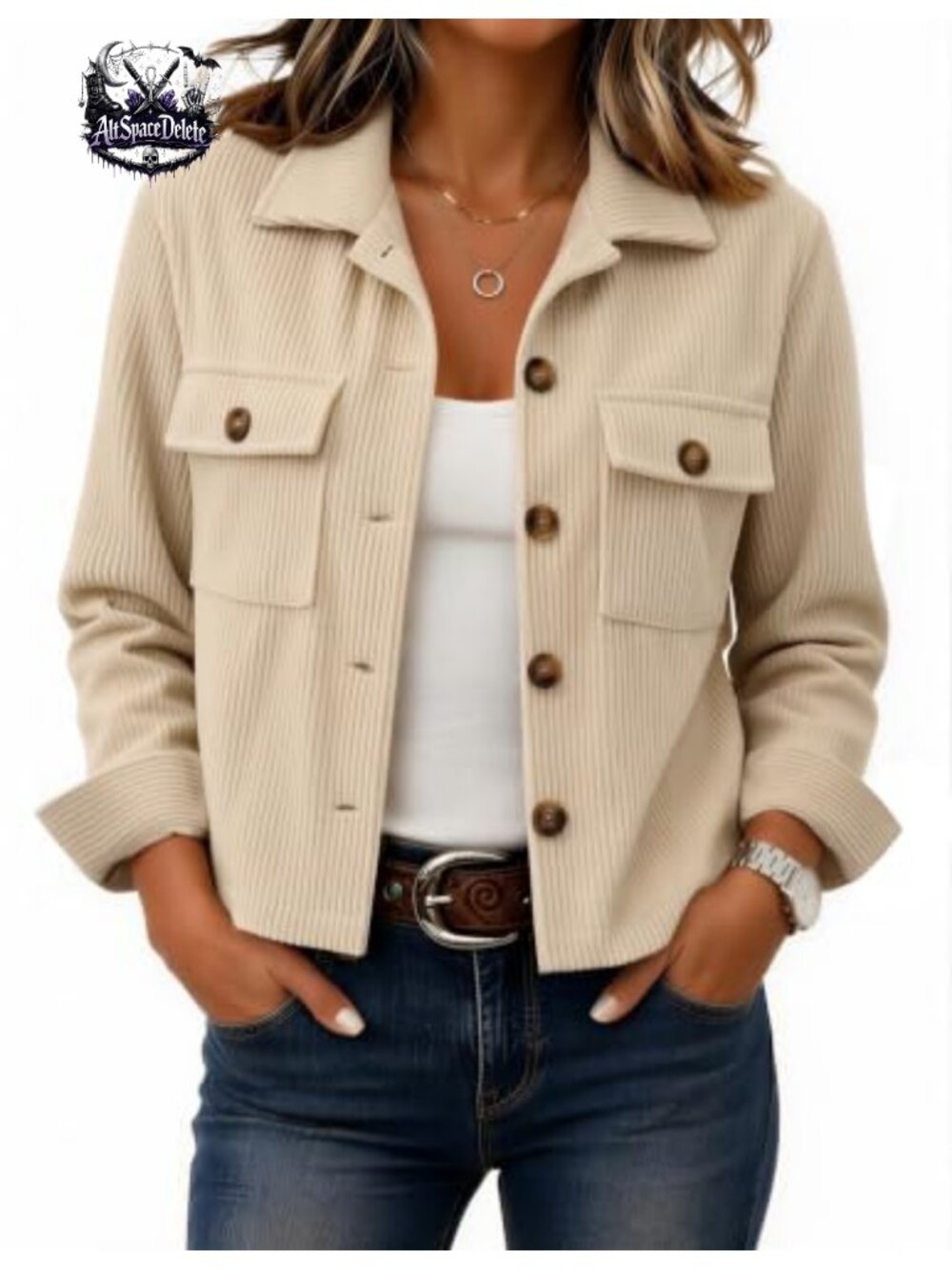 Corduroy Cropped Button Down Shacket Long Sleeve Roll Up Sleeve Casual Fall